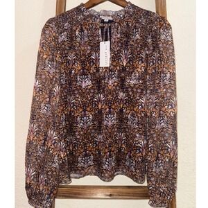Anthropologie Current Air Floral Boho Blouse M Smocked Sheer Long Sleeve NWT